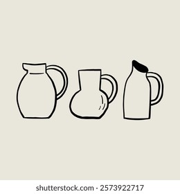 Set Sketch Organic Ceramic Minimalist Pitcher Set. Whimsical Black Line Collection Different Pottery Clay Jug. Vector Hand Drawn Illustration