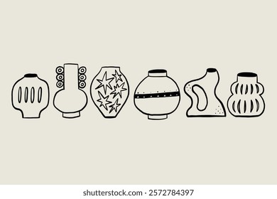 Set Sketch Organic Ceramic Outline Vases. Whimsical Black Line Collection Different Pottery Clay Jar. Vector Hand Drawn Illustration