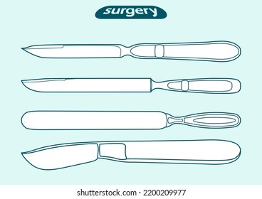 Set, sketch outline of a scalpel, knife, blade, cutter silhouette. Surgical, medical instrument
