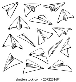 A set of sketch paper airplanes,  hand-drawn, with a pen tool. Isolated on a white background. Vector illustration