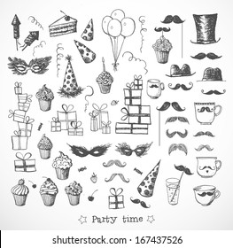 Set of sketch party objects hand-drawn with ink. Isolated on white. Vector illustration. party