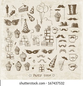 Set of sketch party objects hand-drawn with ink in vintage style. Vector illustration. 