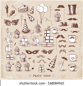 Set of sketch party objects hand-drawn with ink in vintage style. Vector illustration. 