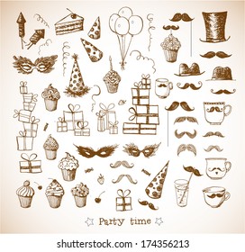 Set of sketch party objects hand-drawn with ink in vintage style. Vector illustration. 