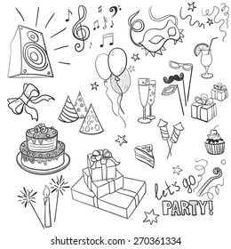 set of sketch party objects hand-drawn, excellent vector illustration, EPS 10