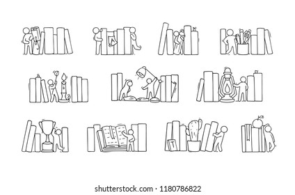 Set sketch of people and books, cooperation. Doodle cartoon scene with bookshelves. Hand drawn vector illustration for education design isolated on white.