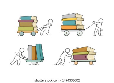 Set sketch of people with books stacks. Doodle cartoon scene about reading. Hand drawn vector illustration for education design isolated on white.