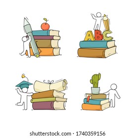 Set sketch of people with books stacks. Doodle cartoon scene about reading. Hand drawn vector illustration for education design isolated on white.