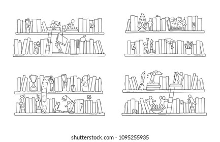 Set sketch of people teamwork, books,cooperation. Doodle cartoon scene with bookshelves. Hand drawn vector illustration for education design isolated on white.