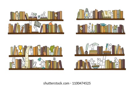 Set sketch of people teamwork, books,cooperation. Doodle cartoon scene with bookshelves. Hand drawn vector illustration for education design isolated on white.