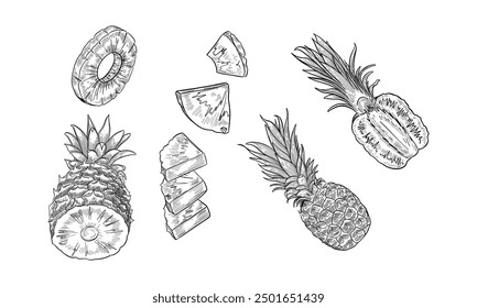 Set of Sketch of pineapple. Isolated hand drawn ananas slices. Citrus fruit cut in half or tropical sliced product. Vegetarian and vitamin food, sweet desert vector drawing. Nature and organic