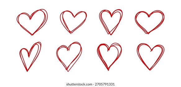 set of sketch pink hand draw heart, red doodle line icon heart, romance love elements for Valentine's Day, heart symbol design cards, poster, banner, pattern, advertisement	