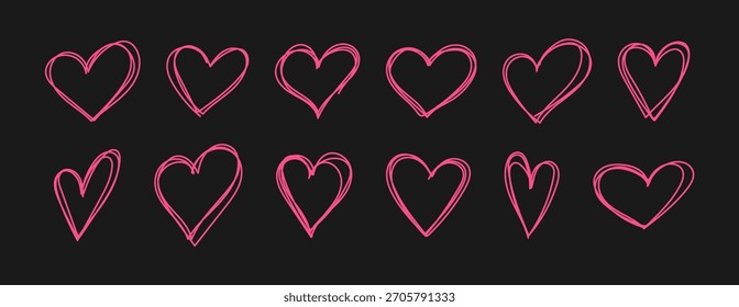 set of sketch pink hand draw heart, red doodle line icon heart, romance love elements for Valentine's Day, heart symbol design cards, poster, banner, pattern, advertisement	