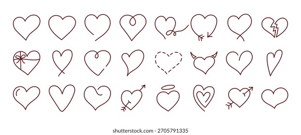 set of sketch pink hand draw heart, red doodle line icon heart, romance love elements for Valentine's Day, heart symbol design cards, poster, banner, pattern, advertisement	