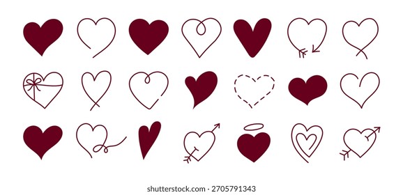 set of sketch pink hand draw heart, red doodle line icon heart, romance love elements for Valentine's Day, heart symbol design cards, poster, banner, pattern, advertisement	