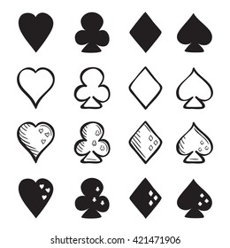 Set of sketch playing card suit icons. Hand drawn illustration