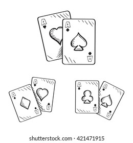 Set of sketch playing cards, aces in different combinations. Hand drawn illustration