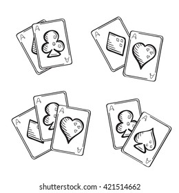 Set of sketch playing cards, aces in different combinations. Hand drawn illustration