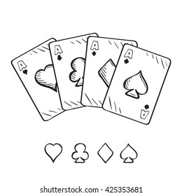 Set of sketch playing cards, aces in different combinations. Hand drawn illustration