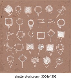 Set of sketch pointers hand drawn with ink. Navigation pins. Vector illustration.