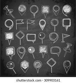 Set of sketch pointers hand drawn on blackboard. Navigation pins. Vector illustration.