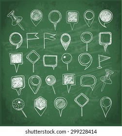 Set of sketch pointers on blackboard. Navigation pins. Vector illustration.