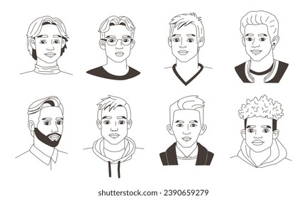 Set of sketch portraits of various young men. Avatars in doodle style for design. Collection of icons, black and white illustrations. Simple isolated vector of male faces.