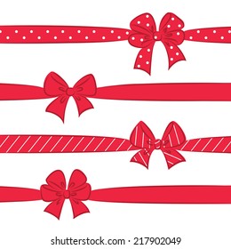Set of sketch red bows with ribbons. Hand drawn graphic elements for your design