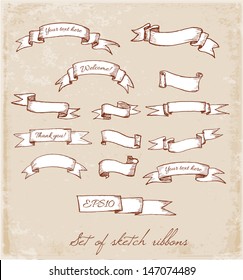 Set of sketch ribbon banners in vintage style. Hand-drawn ribbons. Vector illustration. 