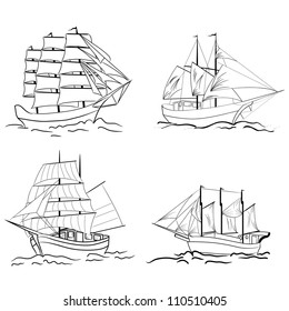 Set of sketch sailing vessel. Vector illustration.