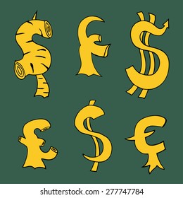 Set sketch of sign Dollar and Euro with arrows. Vector illustration