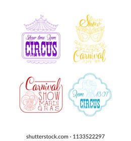 Set of sketch signs for circus and Mardi Gras carnival. Hand drawn vector emblems with top of tent, masquerade mask, jester and elephant