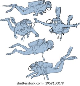Set sketch silhouette scuba divers on white background.