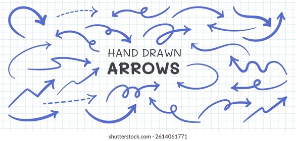 Set of Sketch simple lines hand drawn arrows doodle. Hand drawn blue doodle arrows in various style collection. Curved, zigzag, swirl, direction, arrow element vector illustration