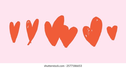 Set Sketch Simple Pink Heart. Valentine Love Shape Doodle Collection. Hand Drawn Vector Isolated Illustration