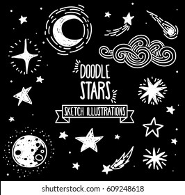 Conjunto de estrellas de esbozo, cometas y constelaciones, ilustración vectorial