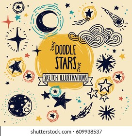 Conjunto de estrellas de esbozo, cometas y constelaciones, ilustración vectorial