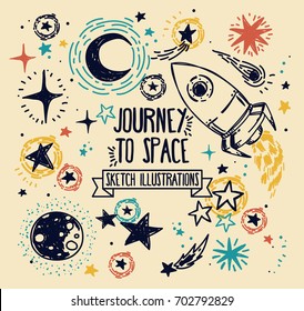 Set of sketch stars, rocket, comets and planets, can be used for party or for space exploration program, vector illustration