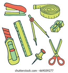 Set of sketch stationery items and school supplies.