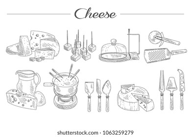 Set of sketch style cheese, kitchen accessories, delicious snacks. Gastronomy dairy product. Graphic elements for promo poster, banner or flyer. Hand drawn vector icons