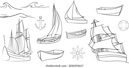 Set in sketch style of different ships, waves and boats, lifebuoy, anchor, steering wheel. Hand drawn marine vector illustration for decoration and design for kids room and textiles, and another print