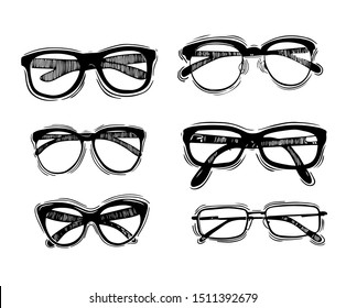 Set of sketch style glasses. Vector hand-drawn illustration.