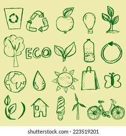 Set of sketch style hand drawn vector ecology icons