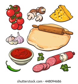 Set of sketch style pizza ingredients, vector illustration isolated on white background. Basic ingredients for cooking pizza - dough cheese mushrooms tomatoes garlic salami