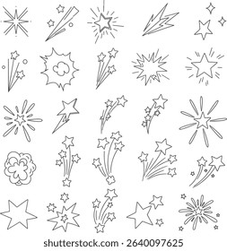 
Set of Sketch Style Sparkling Starburst and Explosion Icons in Vector Format with Fireworks, Flash Effects, Comic Bursts, and Lightning for Decorative and Festive Designs

