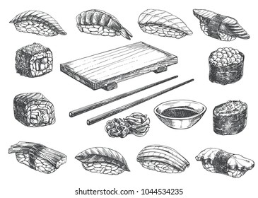 Set sketch sushi roll, wooden geta and chopstick. Japanese traditional food icon. Isolated hand drawn vector illustration.