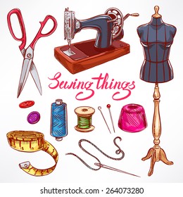 Set with sketch tailoring equipment. mannequin, sewing, sewing machine. hand-drawn illustration