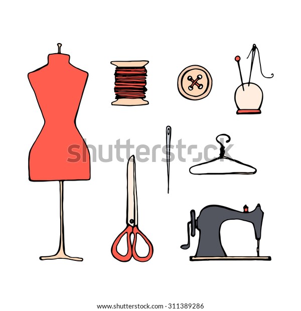 Set Sketch Tailoring Equipment Mannequin Sewing Stock Vector Royalty