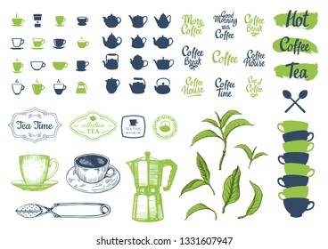 Set of sketch tea labels on white background. Hot drinks menu. Vector Illustration with cup, maker and spoon. Decorative elements for your packing design. Multicolor decor.