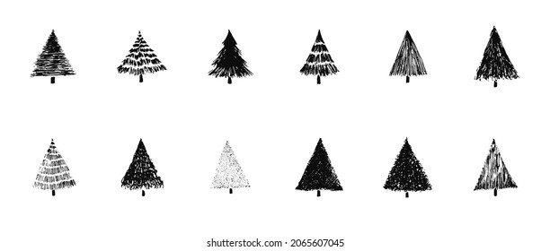 Set of sketch textured hand drawn christmas trees